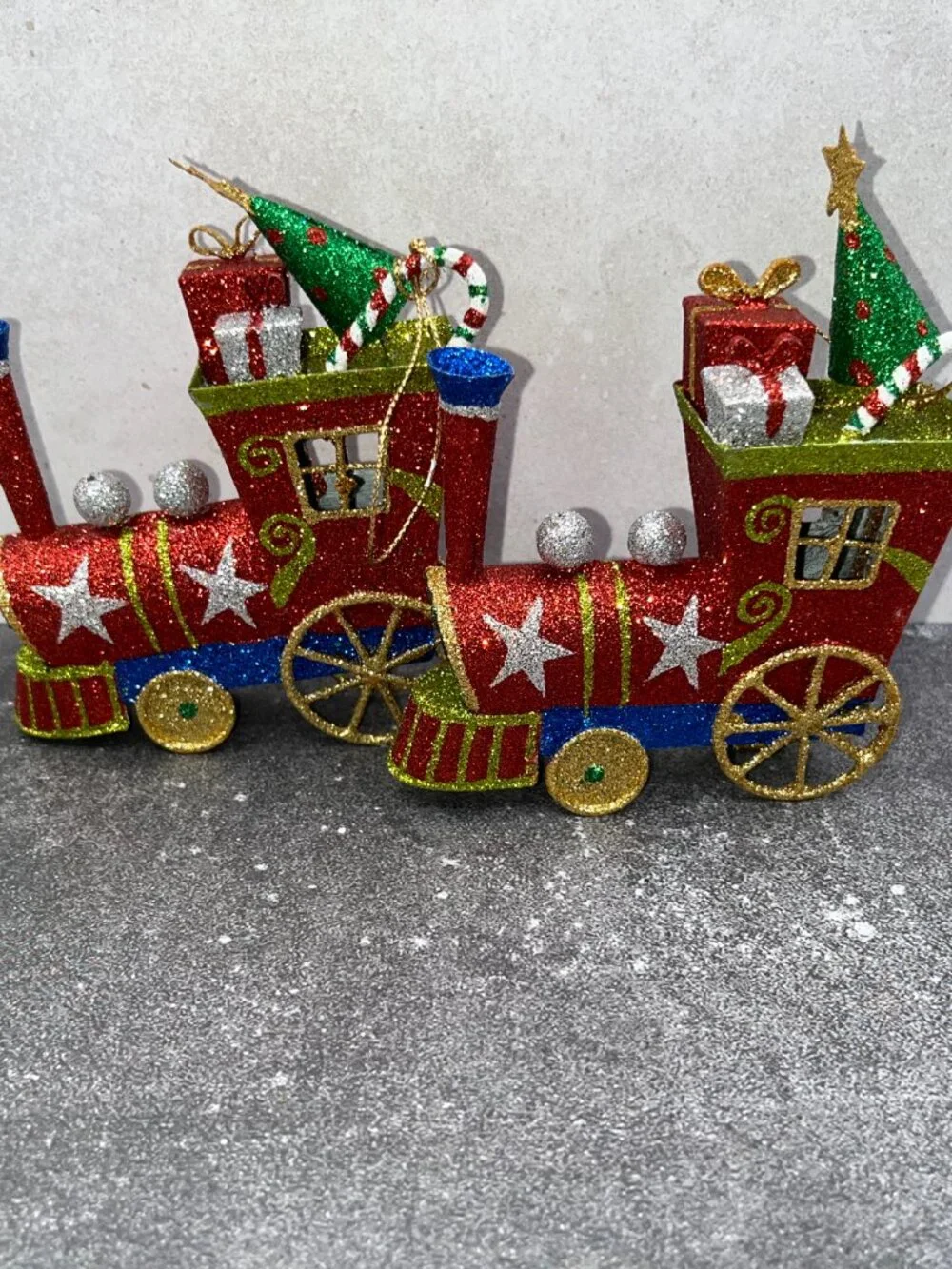 Vintage Pier One Pier 1 Metal Glitter Christmas Train Ornaments Red Green Blue